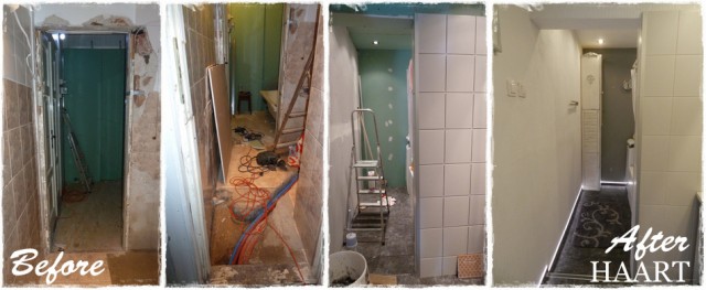 remont łazienki, korytarz przed, w trakcie i po remoncie