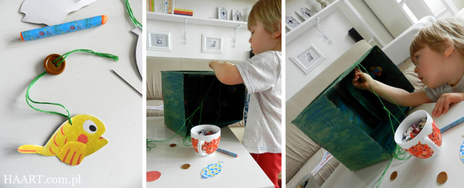 malowanie pudełka tekturowego z rybkami, zabawka dla dziecka