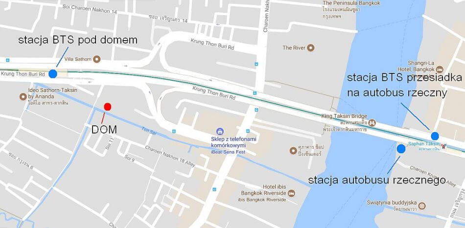 mapa google mieszkanie w bangkoku i przystanek autobusu rzecznego
