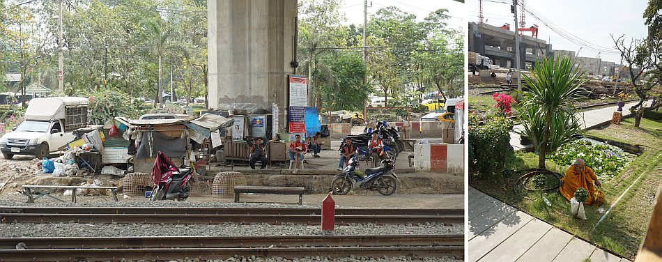 podróż pociągiem przez przedmieścia bangkoku, tajlandia