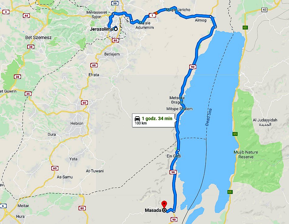 masada izrael mapa google z trasą dojazdu z jerozolimy