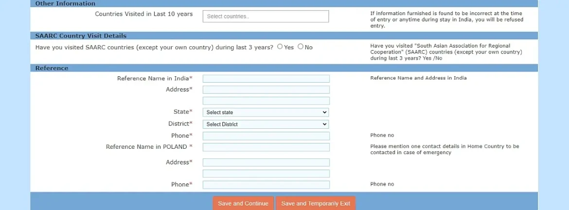 aplikacja o wizę online, Indie, historia odwiedzonych krajów
