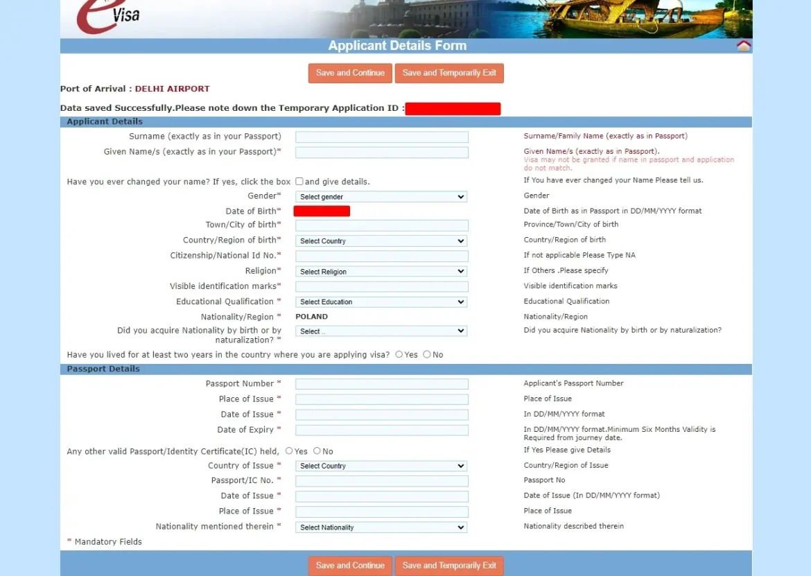 wiza indyjska, aplikacja online, dane osobowe i paszportowe