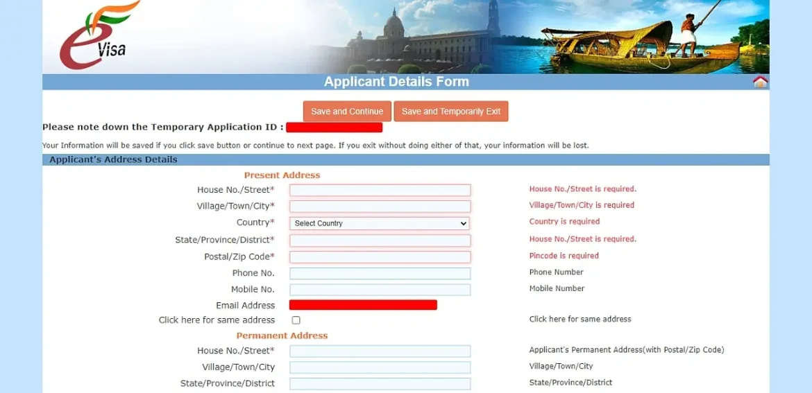 wiza indyjska online, dane adresowe