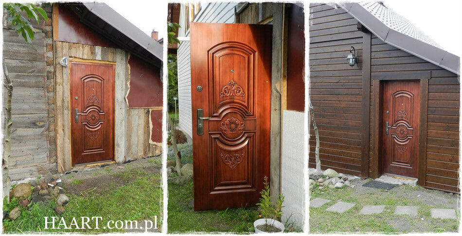 drzwi wejściowe w drewnianym domu, klasyczny wzór, natrysk miedzią
