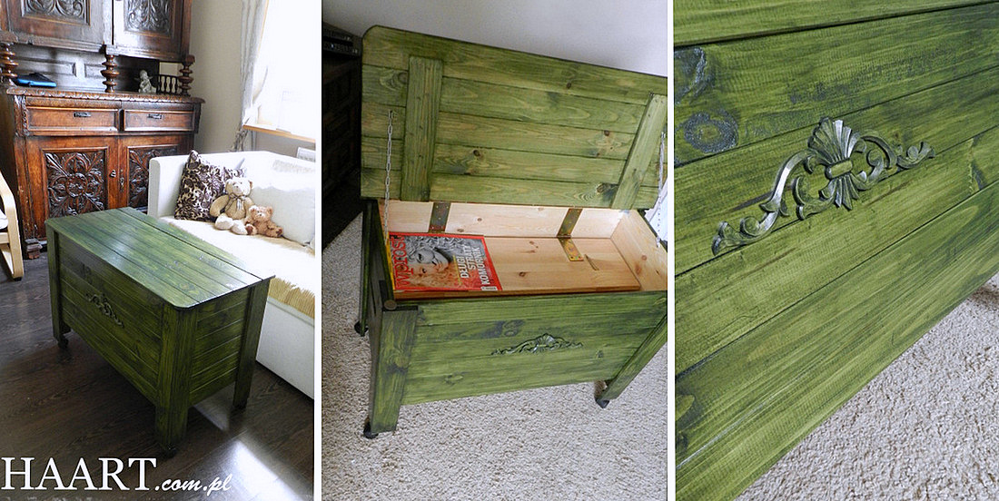 drewniana skrzynia czyli jak samodzielnie zrobić stolik, lakierobejca, kółeczka, malowanie - haart.pl blog diy zrób to sam