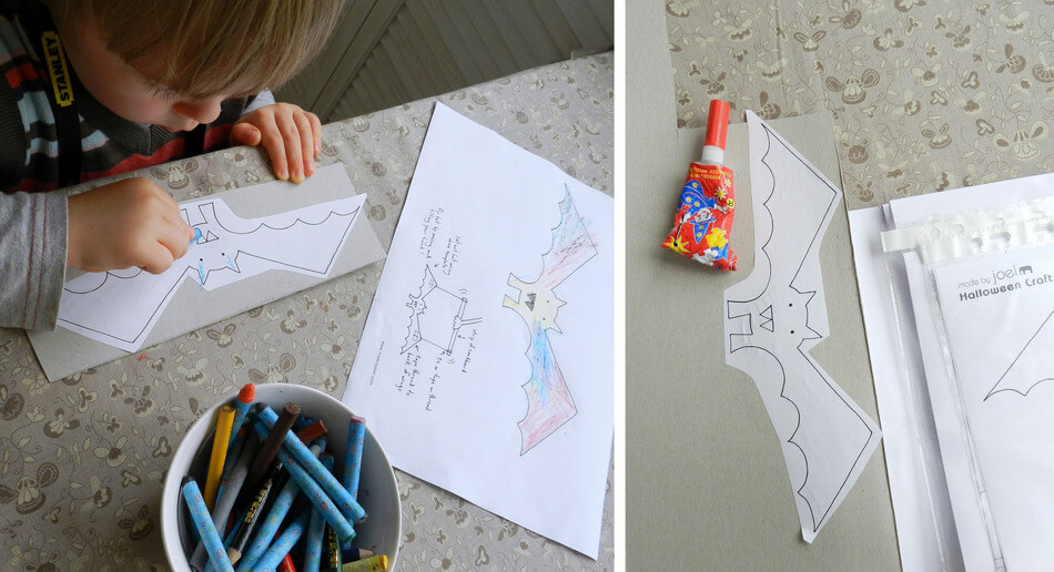 zabawka diy nietoperz, kolorowanie przez dziecko