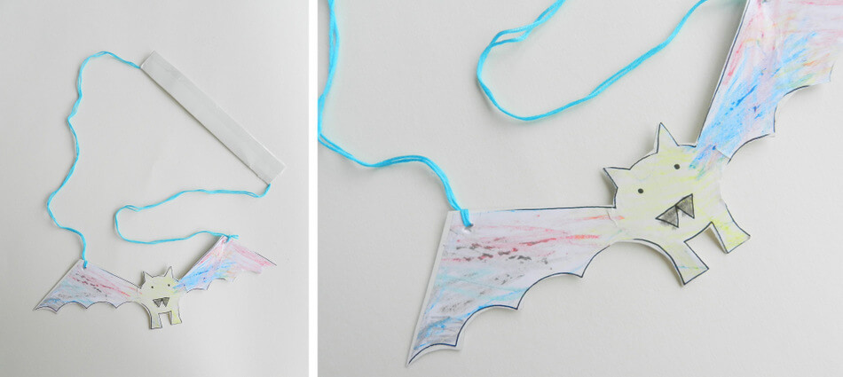 zabawka diy dla dziecka, nietoperz z szablonu na sznurku