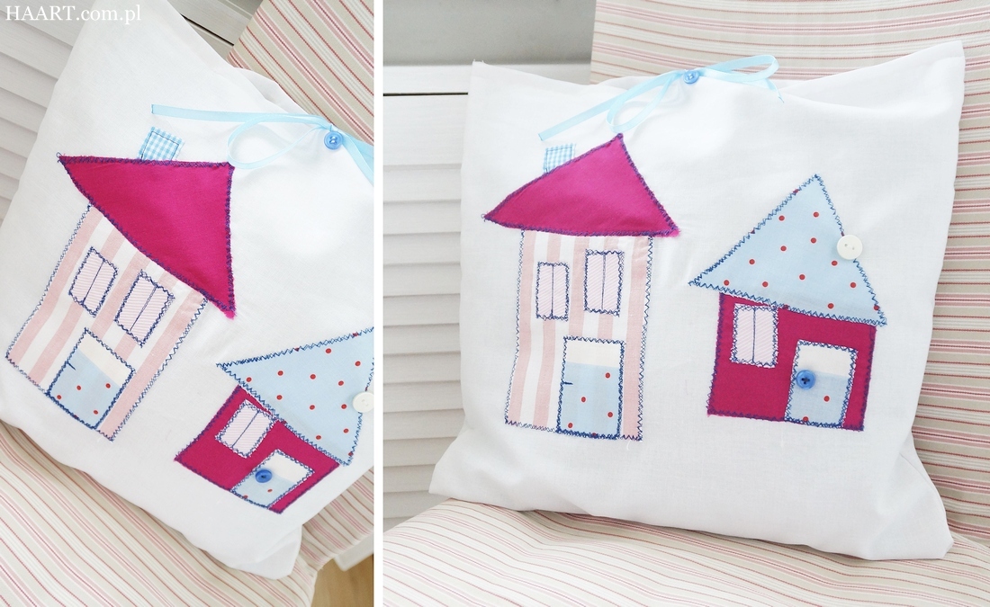 koślawe domki, ręcznie wyszywane, maszyna do szycia, szycie, dekoracja do pokoju dziecka