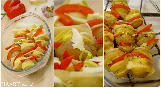 pieczone ziemniaki z warzywami w naczyniu żaroodpornym