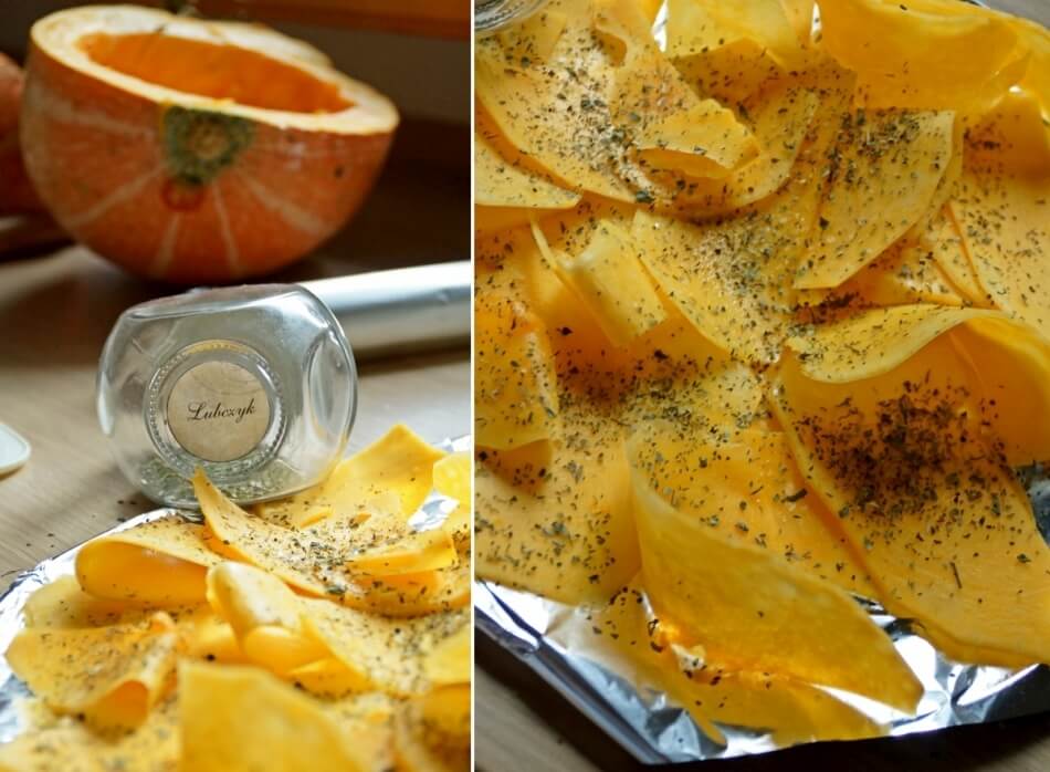 chipsy z dyni przyprawione lubczykiem, przekąska wegetariańska, przepis diy