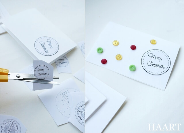 kartka świąteczna, wycinanie życzeń i przyklejanie guzików