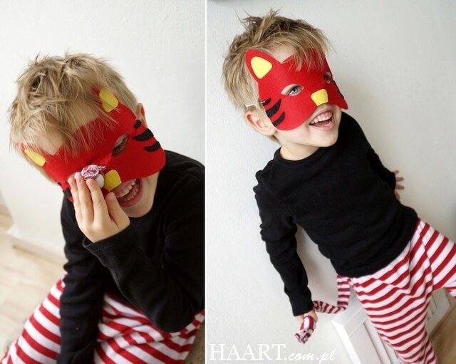 strój karnawałowy dla dziecka, gotowa maska z motywem tygryska na twarzy