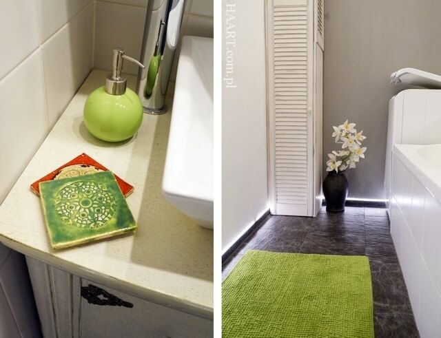 łazienka po remoncie, z zielonymi dywanikami