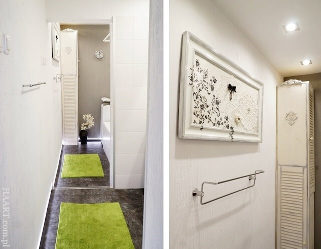 łazienka z zielonymi dywanikami, po remoncie diy