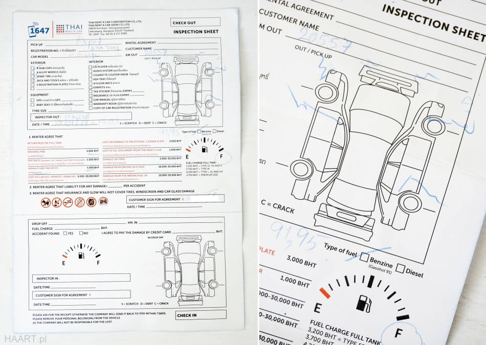 thai rent a car inspection sheet inspekcja pojazdu