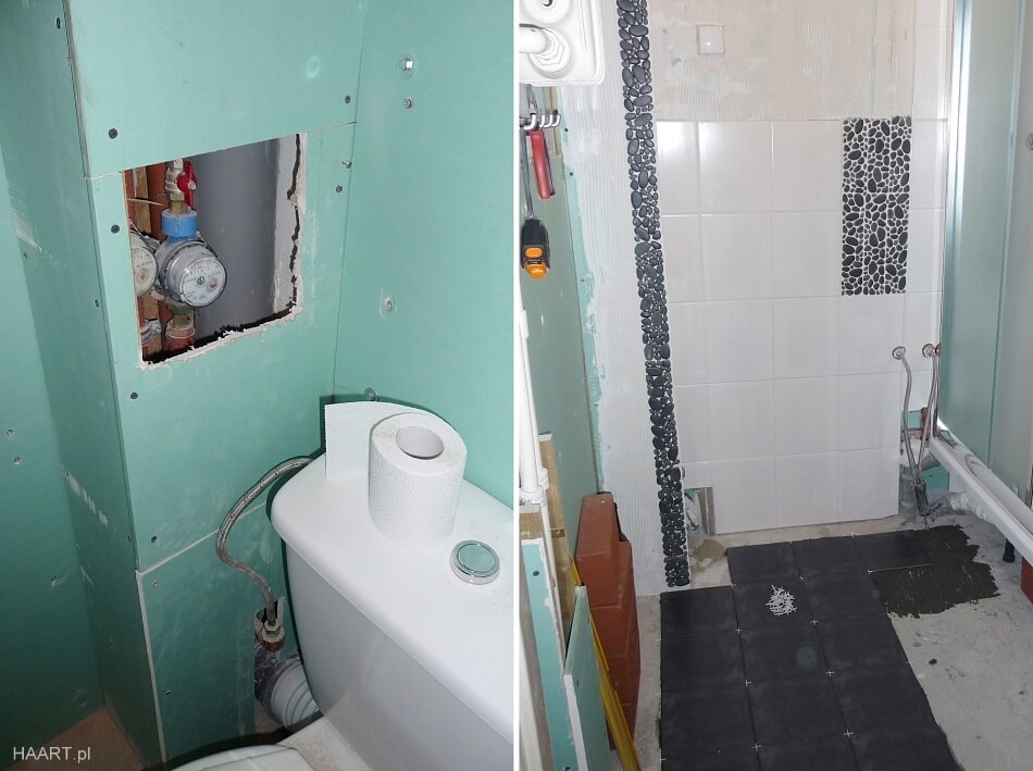 remont małej łazienki, zabudowa pionu z rurami, klejenie terakoty