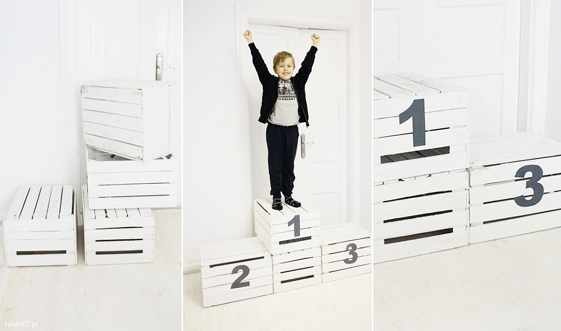 podium sportowe ze skrzynek po jabłkach zabawy urodzinowe diy