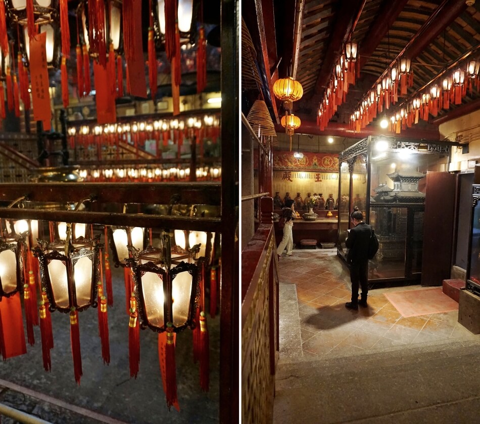 Wnętrze świątyni Man Mo w Hong Kongu, czerwone lampy