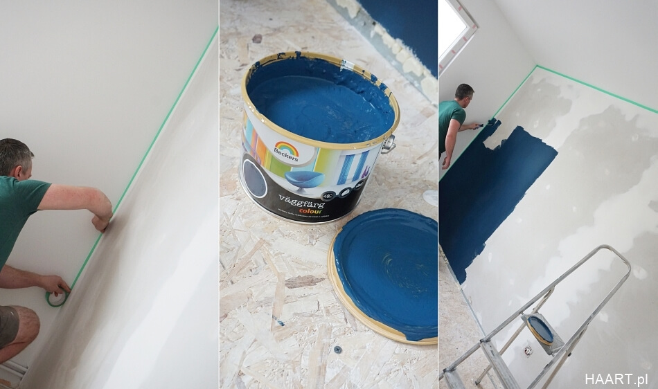 malowanie niebieskiej ściany w  salonie